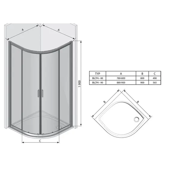 ДУШЕВОЙ УГОЛОК ПОЛУКРУГЛЫЙ RAVAK BLIX BLCP4-90 БЛЕСТЯЩИЙ+ГРЕЙП