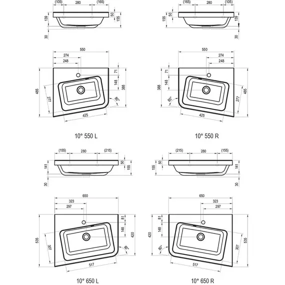 УМЫВАЛЬНИК RAVAK УГЛОВОЙ 10° 550 ИЗ ЛИТОГО МРАМОРА ЛЕВЫЙ