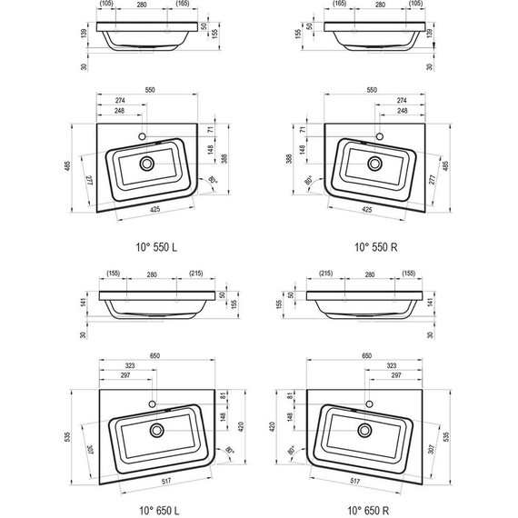 УМЫВАЛЬНИК RAVAK УГЛОВОЙ 10° 650 R ИЗ ЛИТОГО МРАМОРА ПРАВЫЙ