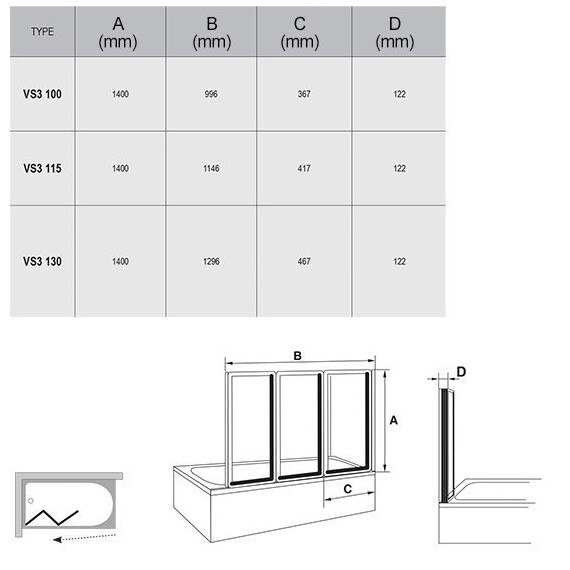 ШТОРКА ДЛЯ ВАННЫ RAVAK VS3 130 БЕЛАЯ+ТРАНСПАРЕНТ