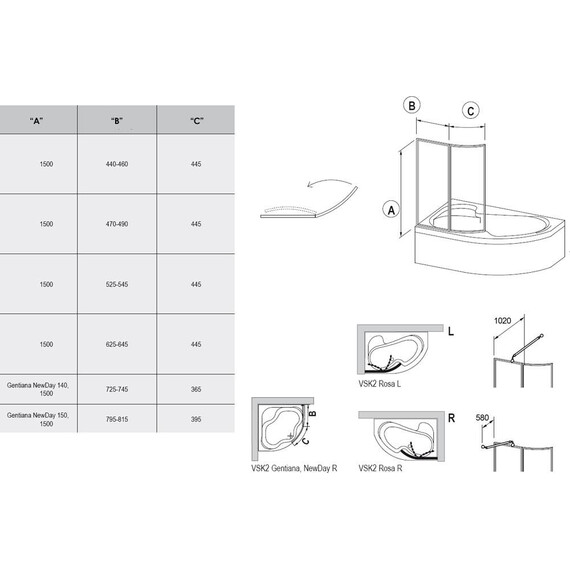 ШТОРКА ДЛЯ ВАННЫ RAVAK VSK2 ROSA 160 L ТРАНСПАРЕНТ