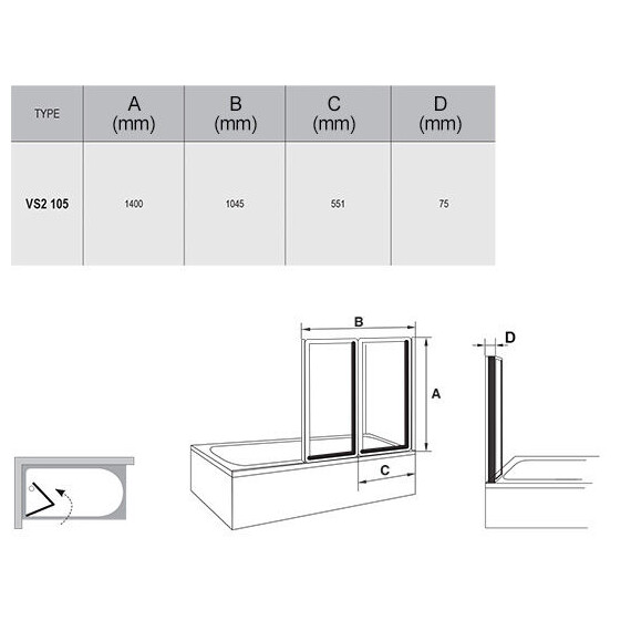 ШТОРКА ДЛЯ ВАННЫ RAVAK VS2 105 САТИН+ТРАНСПАРЕНТ