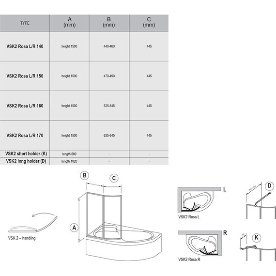 ШТОРКА ДЛЯ ВАННЫ RAVAK CVSK1 ROSA 160/170 P БЛЕСТЯЩАЯ+ТРАНСПАРЕНТ