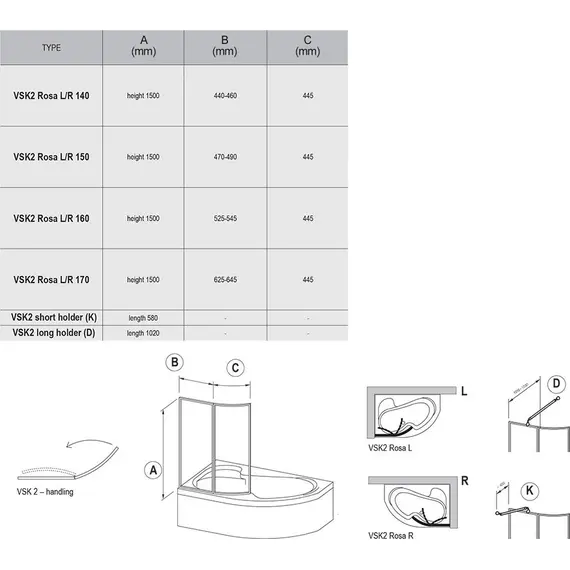 ШТОРКА ДЛЯ ВАННЫ RAVAK CVSK1 ROSA 160/170 L САТИН+ТРАНСПАРЕНТ