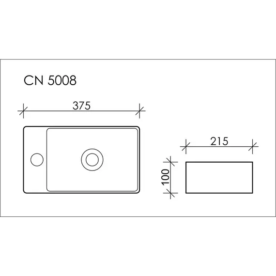 УМЫВАЛЬНИК НАКЛАДНОЙ ПРЯМОУГОЛЬНЫЙ (ОТВЕРСТИЕ ПОД СМЕСИТЕЛЬ L) CERAMICA NOVA ELEMENT 375X215X100 ММ