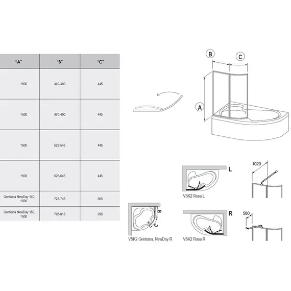 ШТОРКА ДЛЯ ВАННЫ RAVAK VSK2 ROSA 150 L ТРАНСПАРЕНТ