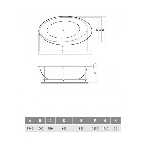 ВАННА АКРИЛОВАЯ VAYER BOOMERANG OVAL ETNA 194X100 БЕЗ ДЕКОРАТИВНОЙ ПАНЕЛИ