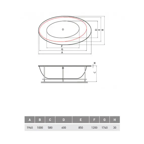 ВАННА АКРИЛОВАЯ VAYER BOOMERANG OVAL ETNA 194X100 БЕЗ ДЕКОРАТИВНОЙ ПАНЕЛИ