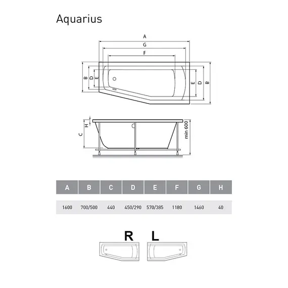 ВАННА АКРИЛОВАЯ RELISAN AQUARIUS L 160Х70Х50