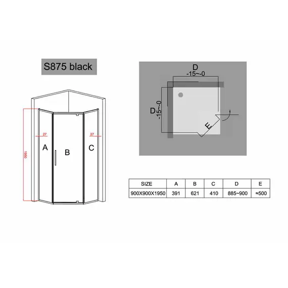 ДУШЕВОЙ УГОЛОК BLACK & WHITE STELLAR WIND S875 BLACK 90X90X195