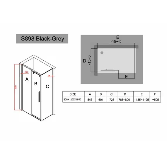 ДУШЕВОЙ УГОЛОК BLACK & WHITE STELLAR WIND S898 BLACK-GREY 80X120X195