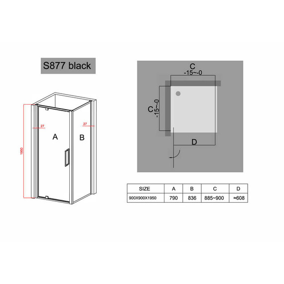 ДУШЕВОЙ УГОЛОК BLACK & WHITE STELLAR WIND S877 BLACK 90X90X195