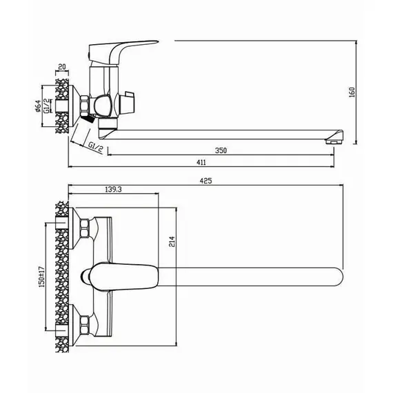 СМЕСИТЕЛЬ ДЛЯ ВАННЫ С ДЛИННЫМ ИЗЛИВОМ OLIVE'S SIERRA 14221SR