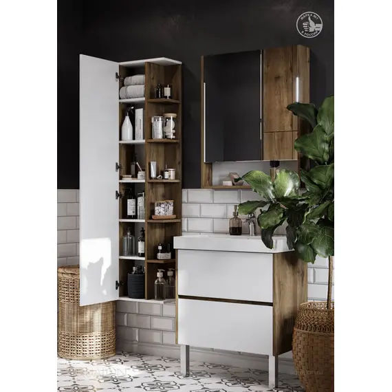 ШКАФ - КОЛОННА AQUATON СКАНДИ С ЗЕРКАЛОМ БЕЛЫЙ, ДУБ РУСТИКАЛЬНЫЙ