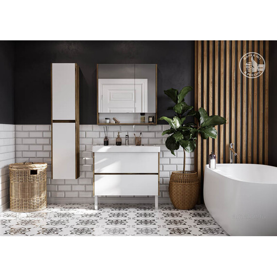 ШКАФ - КОЛОННА AQUATON СКАНДИ С ЗЕРКАЛОМ БЕЛЫЙ, ДУБ РУСТИКАЛЬНЫЙ