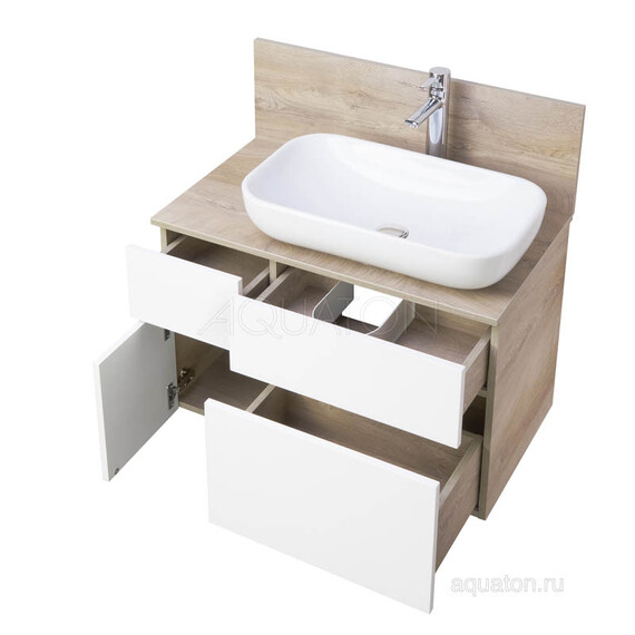 ТУМБА AQUATON МИШЕЛЬ 80  ДУБ ЭНДГРЕЙН, БЕЛЫЙ С РАКОВИНОЙ INFINITI И СТОЛЕШНИЦЕЙ ИЗ ВЛДСП
