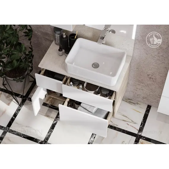 ТУМБА AQUATON МИШЕЛЬ 80  ДУБ ЭНДГРЕЙН, БЕЛЫЙ С РАКОВИНОЙ MILA И СТОЛЕШНИЦЕЙ ИЗ КЕРАМОГРАНИТА