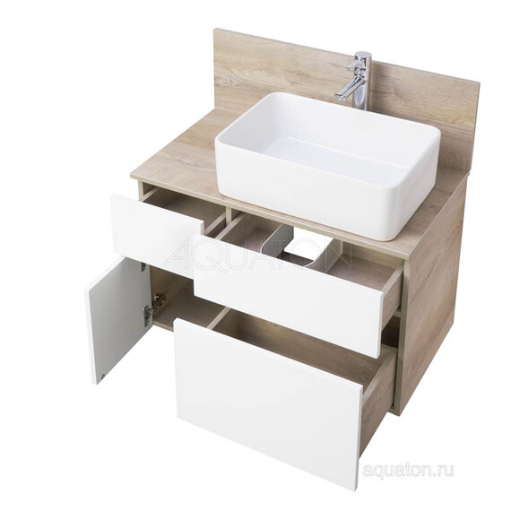ТУМБА AQUATON МИШЕЛЬ 80  ДУБ ЭНДГРЕЙН, БЕЛЫЙ С РАКОВИНОЙ MILA И СТОЛЕШНИЦЕЙ ИЗ ВЛДСП