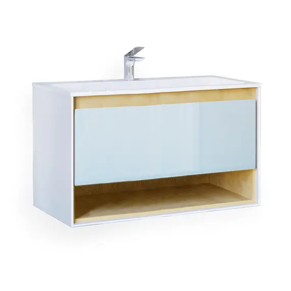 ПОДВЕСНАЯ ТУМБА JORNO GLASS 100 ДУБ СОНОМА С РАКОВИНОЙ MODUL 100 ИЗ ЛИТЬЕВОГО МРАМОРА