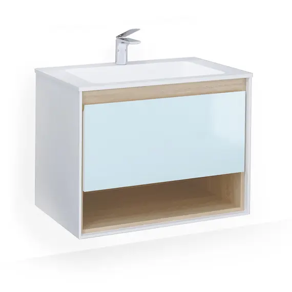 ПОДВЕСНАЯ ТУМБА JORNO GLASS 80 ДУБ СОНОМА С РАКОВИНОЙ MODUL 80 ИЗ ЛИТЬЕВОГО МРАМОРА