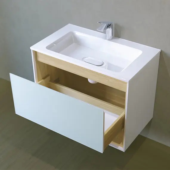 ПОДВЕСНАЯ ТУМБА JORNO GLASS 80 ДУБ СОНОМА С РАКОВИНОЙ MODUL 80 ИЗ ЛИТЬЕВОГО МРАМОРА