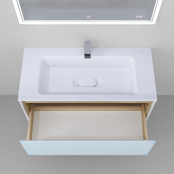 ПОДВЕСНАЯ ТУМБА JORNO GLASS 100 ДУБ СОНОМА С РАКОВИНОЙ MODUL 100 ИЗ ЛИТЬЕВОГО МРАМОРА