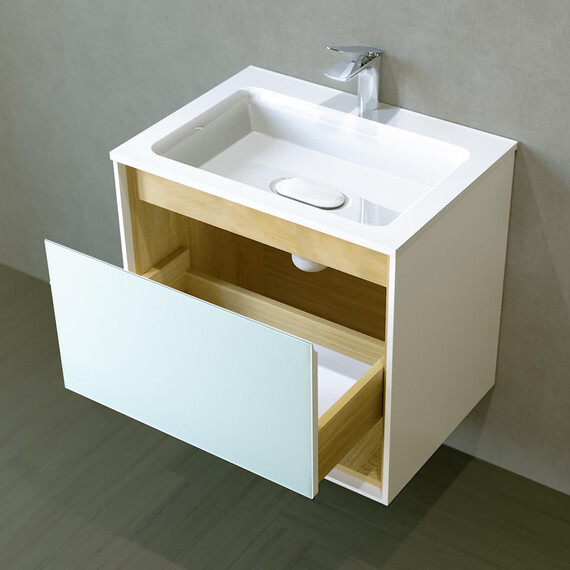 ПОДВЕСНАЯ ТУМБА JORNO GLASS 65 ДУБ СОНОМА С РАКОВИНОЙ MODUL 65 ИЗ ЛИТЬЕВОГО МРАМОРА