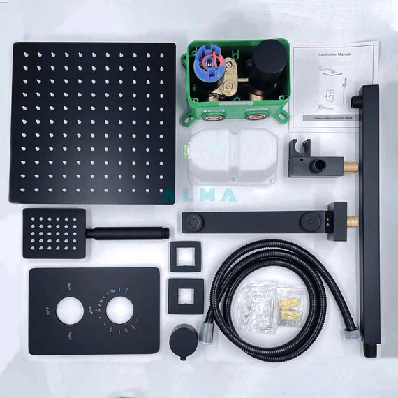 ВСТРАИВАЕМЫЙ ДУШЕВОЙ КОМПЛЕКТ ALMAES WEBER С ТЕРМОСТАТОМ НА 3 ПОЛОЖЕНИЯ ЧЕРНЫЙ