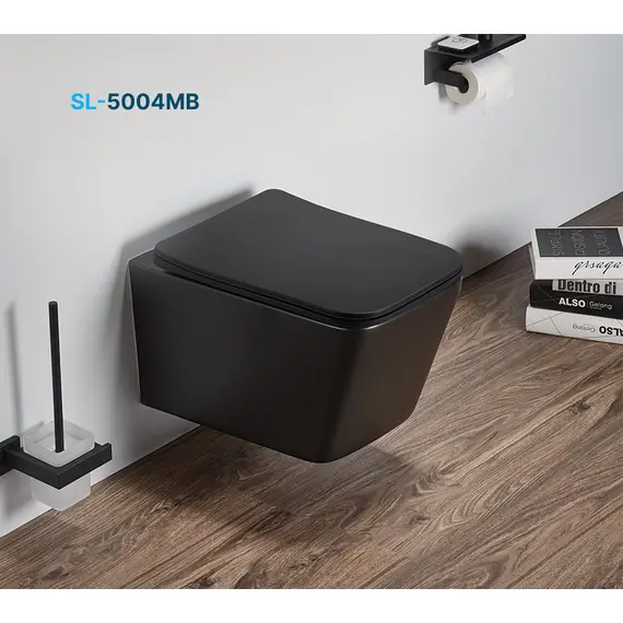 УНИТАЗ ПОДВЕСНОЙ БЕЗОБОДКОВЫЙ SANTILINE SL-5004MB ЧЕРНЫЙ МАТОВЫЙ С СИДЕНЬЕМ МИКРОЛИФТ 520*36*350