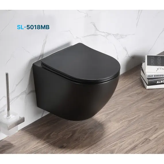 УНИТАЗ ПОДВЕСНОЙ БЕЗОБОДКОВЫЙ SANTILINE SL-5018MB ЧЕРНЫЙ МАТОВЫЙ С СИДЕНЬЕМ МИКРОЛИФТ 485*365*360