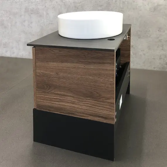 ТУМБА-УМЫВАЛЬНИК COMFORTY ШТУТГАРТ-60 ДУБ ТЁМНО-КОРИЧНЕВЫЙ С ЧЕРНОЙ СТОЛЕШНИЦЕЙ С ОТВЕРСТИЕМ ПОД СМЕСИТЕЛЬ №12 C РАК. COMFORTY 9111