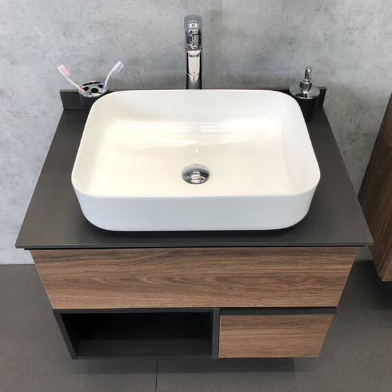 ТУМБА-УМЫВАЛЬНИК COMFORTY ШТУТГАРТ-75 ДУБ ТЁМНО-КОРИЧНЕВЫЙ С ЧЕРНОЙ СТОЛЕШНИЦЕЙ C РАКОВИНОЙ COMFORTY T-Y9378