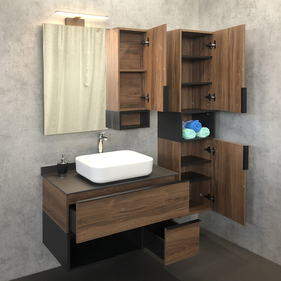 ТУМБА-УМЫВАЛЬНИК COMFORTY ШТУТГАРТ-90 ДУБ ТЁМНО-КОРИЧНЕВЫЙ С ЧЕРНОЙ СТОЛЕШНИЦЕЙ C РАКОВИНОЙ COMFORTY T-Y9378