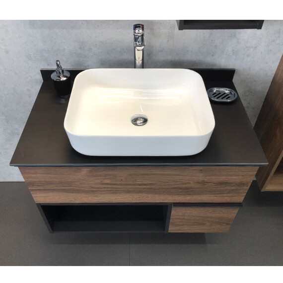 ТУМБА-УМЫВАЛЬНИК COMFORTY ШТУТГАРТ-90 ДУБ ТЁМНО-КОРИЧНЕВЫЙ С ЧЕРНОЙ СТОЛЕШНИЦЕЙ C РАКОВИНОЙ COMFORTY T-Y9378