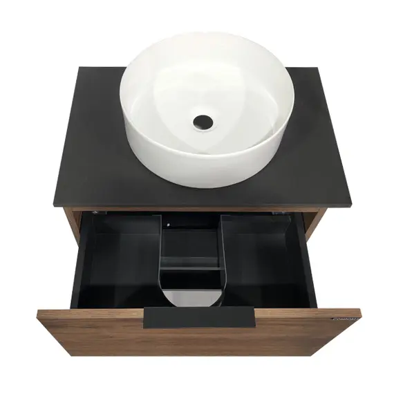 ТУМБА-УМЫВАЛЬНИК COMFORTY ШТУТГАРТ-60 ДУБ ТЁМНО-КОРИЧНЕВЫЙ С ЧЕРНОЙ СТОЛЕШНИЦЕЙ С ОТВЕРСТИЕМ ПОД СМЕСИТЕЛЬ №12 C РАК. COMFORTY 9111