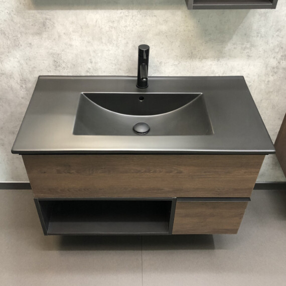 ТУМБА-УМЫВАЛЬНИК COMFORTY ФРАНКФУРТ-90 ДУБ ШОКОЛАДНО-КОРИЧНЕВЫЙ С РАКОВИНОЙ  COMFORTY 90E ЧЕРНАЯ МАТОВАЯ