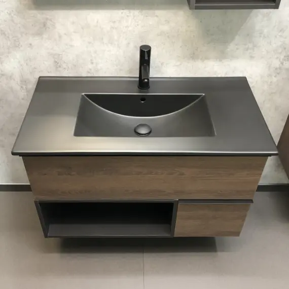 ТУМБА-УМЫВАЛЬНИК COMFORTY ФРАНКФУРТ-90 ДУБ ШОКОЛАДНО-КОРИЧНЕВЫЙ С РАКОВИНОЙ  COMFORTY 90E ЧЕРНАЯ МАТОВАЯ