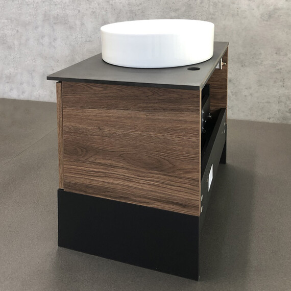 ТУМБА-УМЫВАЛЬНИК COMFORTY ШТУТГАРТ-60 ДУБ ТЁМНО-КОРИЧНЕВЫЙ С ЧЕРНОЙ СТОЛЕШНИЦЕЙ С ОТВЕРСТИЕМ ПОД СМЕСИТЕЛЬ №12 C РАК. COMFORTY 9111