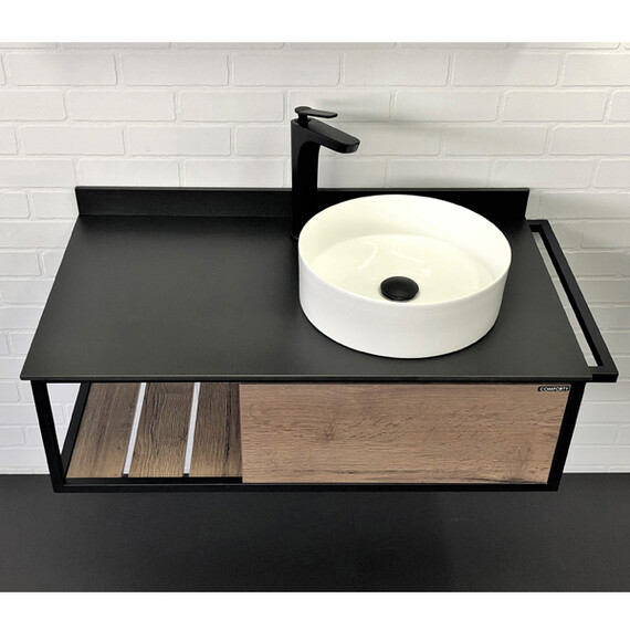 ТУМБА-УМЫВАЛЬНИК COMFORTY ЛИССАБОН-95 ДУБ ТЕМНЫЙ С ПРАВОЙ ЧЕРНОЙ СТОЛЕШНИЦЕЙ С РАКОВИНОЙ COMFORTY 9111