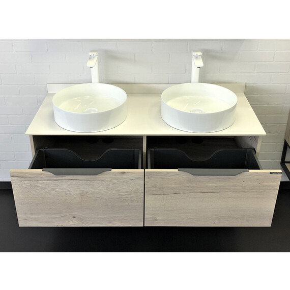 ТУМБА-УМЫВАЛЬНИК COMFORTY ПОРТО-120-2 ДУБ ДЫМЧАТЫЙ С БЕЛОЙ СТОЛЕШНИЦЕЙ С РАКОВИНАМИ COMFORTY 9110