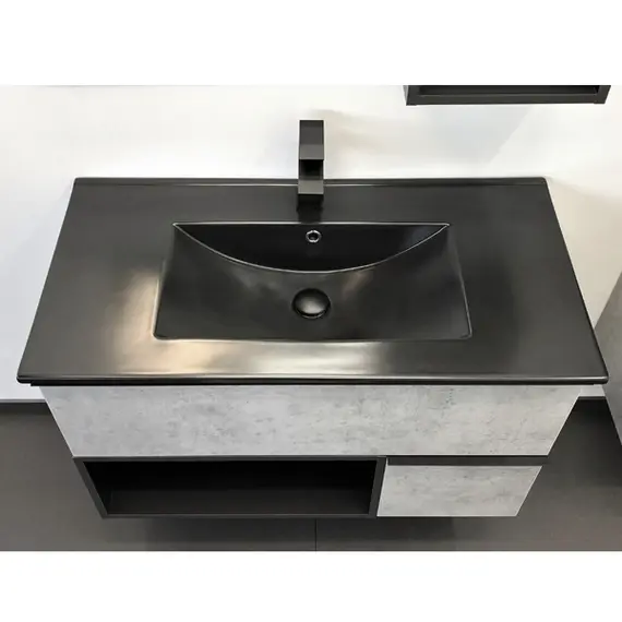 ТУМБА-УМЫВАЛЬНИК COMFORTY ФРАНКФУРТ-90 БЕТОН СВЕТЛЫЙ С РАКОВИНОЙ  COMFORTY 90E ЧЕРНАЯ МАТОВАЯ