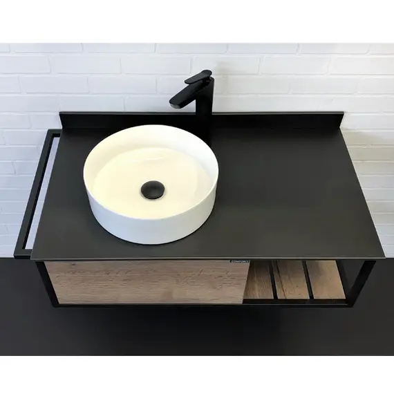 ТУМБА-УМЫВАЛЬНИК COMFORTY ЛИССАБОН-95 ДУБ ТЕМНЫЙ С ЛЕВОЙ ЧЕРНОЙ СТОЛЕШНИЦЕЙ С РАКОВИНОЙ COMFORTY 9111