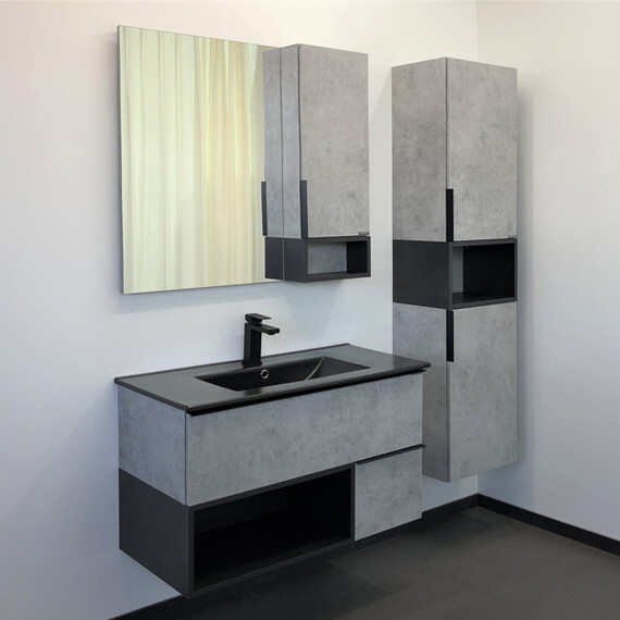 ТУМБА-УМЫВАЛЬНИК COMFORTY ФРАНКФУРТ-90 БЕТОН СВЕТЛЫЙ С РАКОВИНОЙ  COMFORTY 90E ЧЕРНАЯ МАТОВАЯ