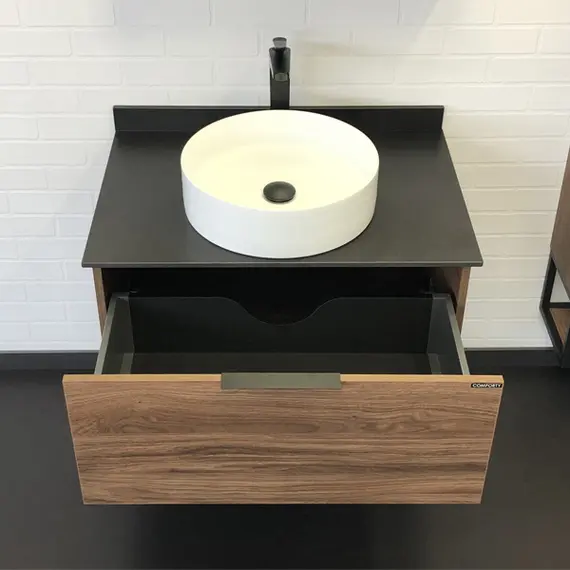 ТУМБА-УМЫВАЛЬНИК COMFORTY ПОРТО-75 ДУБ ТЁМНО-КОРИЧНЕВЫЙ С ЧЕРНОЙ СТОЛЕШНИЦЕЙ C РАКОВИНОЙ COMFORTY 9110