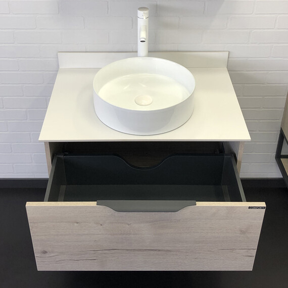 ТУМБА-УМЫВАЛЬНИК COMFORTY ПОРТО-75 ДУБ ДЫМЧАТЫЙ С БЕЛОЙ СТОЛЕШНИЦЕЙ C РАКОВИНОЙ COMFORTY 9110