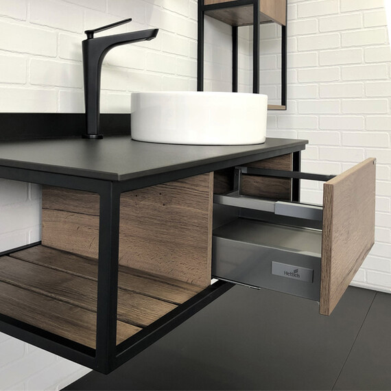 ТУМБА-УМЫВАЛЬНИК COMFORTY ЛИССАБОН-95 ДУБ ТЕМНЫЙ С ПРАВОЙ ЧЕРНОЙ СТОЛЕШНИЦЕЙ С РАКОВИНОЙ COMFORTY 9111