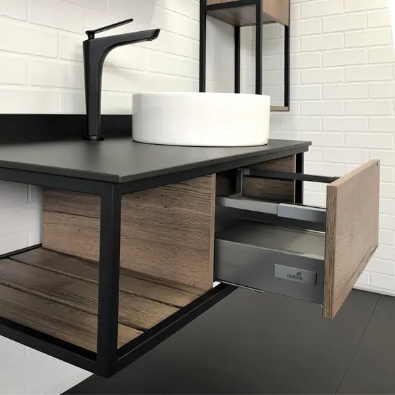 ТУМБА-УМЫВАЛЬНИК COMFORTY ЛИССАБОН-95 ДУБ ТЕМНЫЙ С ПРАВОЙ ЧЕРНОЙ СТОЛЕШНИЦЕЙ С РАКОВИНОЙ COMFORTY 9111