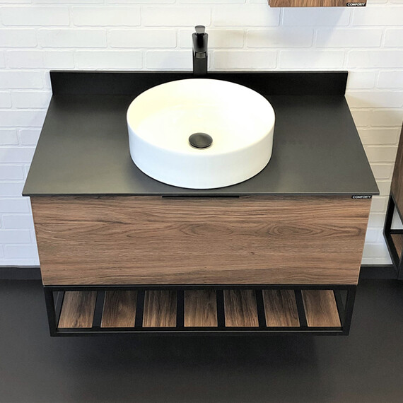 ТУМБА-УМЫВАЛЬНИК COMFORTY ПОРТО-90 ДУБ ТЁМНО-КОРИЧНЕВЫЙ С ЧЕРНОЙ СТОЛЕШНИЦЕЙ C РАКОВИНОЙ COMFORTY 9110