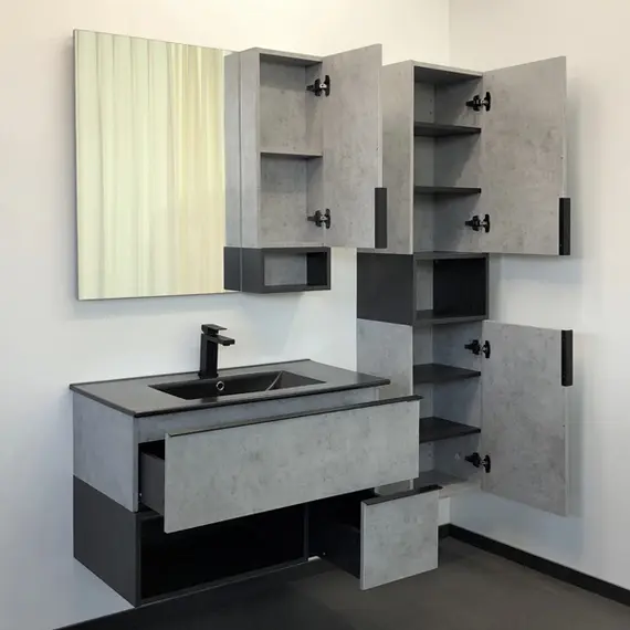 ТУМБА-УМЫВАЛЬНИК COMFORTY ФРАНКФУРТ-90 БЕТОН СВЕТЛЫЙ С РАКОВИНОЙ  COMFORTY 90E ЧЕРНАЯ МАТОВАЯ