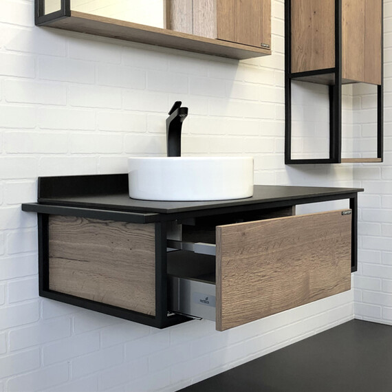 ТУМБА-УМЫВАЛЬНИК COMFORTY ЛИССАБОН-95 ДУБ ТЕМНЫЙ С ЛЕВОЙ ЧЕРНОЙ СТОЛЕШНИЦЕЙ С РАКОВИНОЙ COMFORTY 9111